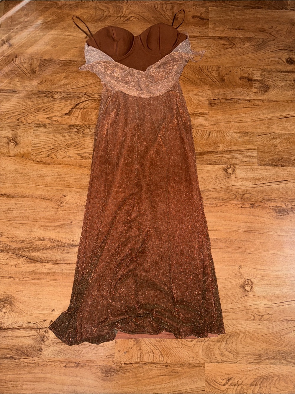 Elegant Brown Glitter Maxi Dress with Lace Trim
